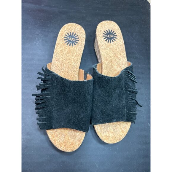 Ugg Womens Black Suede Fringe Cork Wedge Sandals Size 7 - Picture 2 of 9